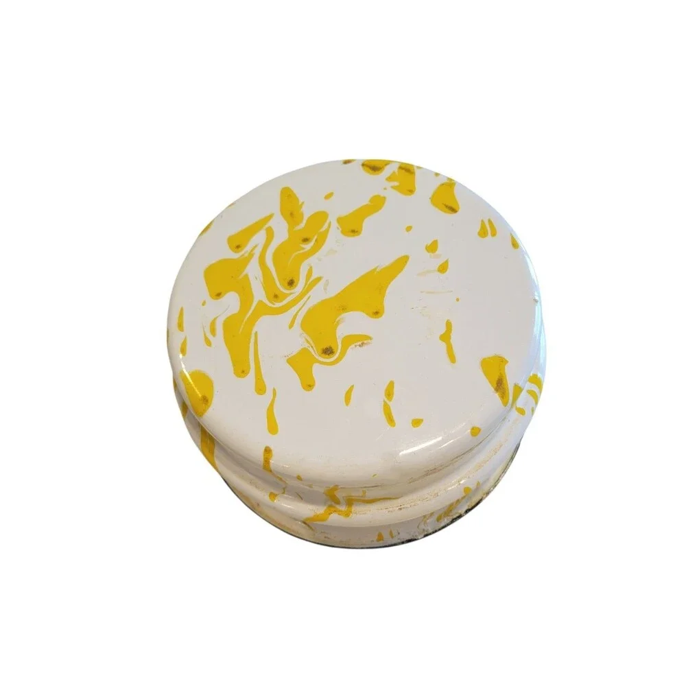 Vintage Enamel Double Boiler Yellow Splatter Lid Saucepan